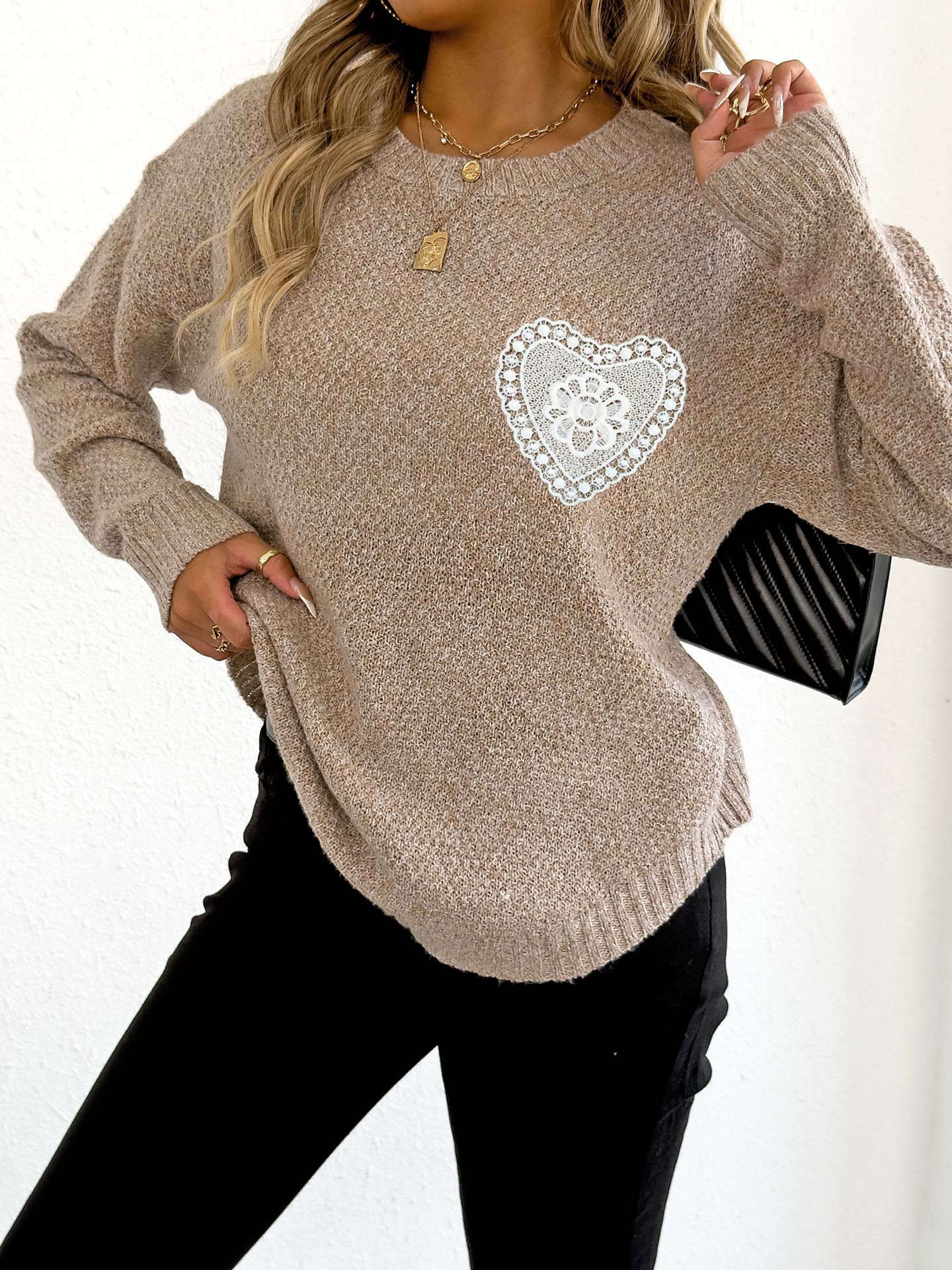 Women's Hollow Lace Pocket Faux Fur Knit Pullover Sweater Crew Neck