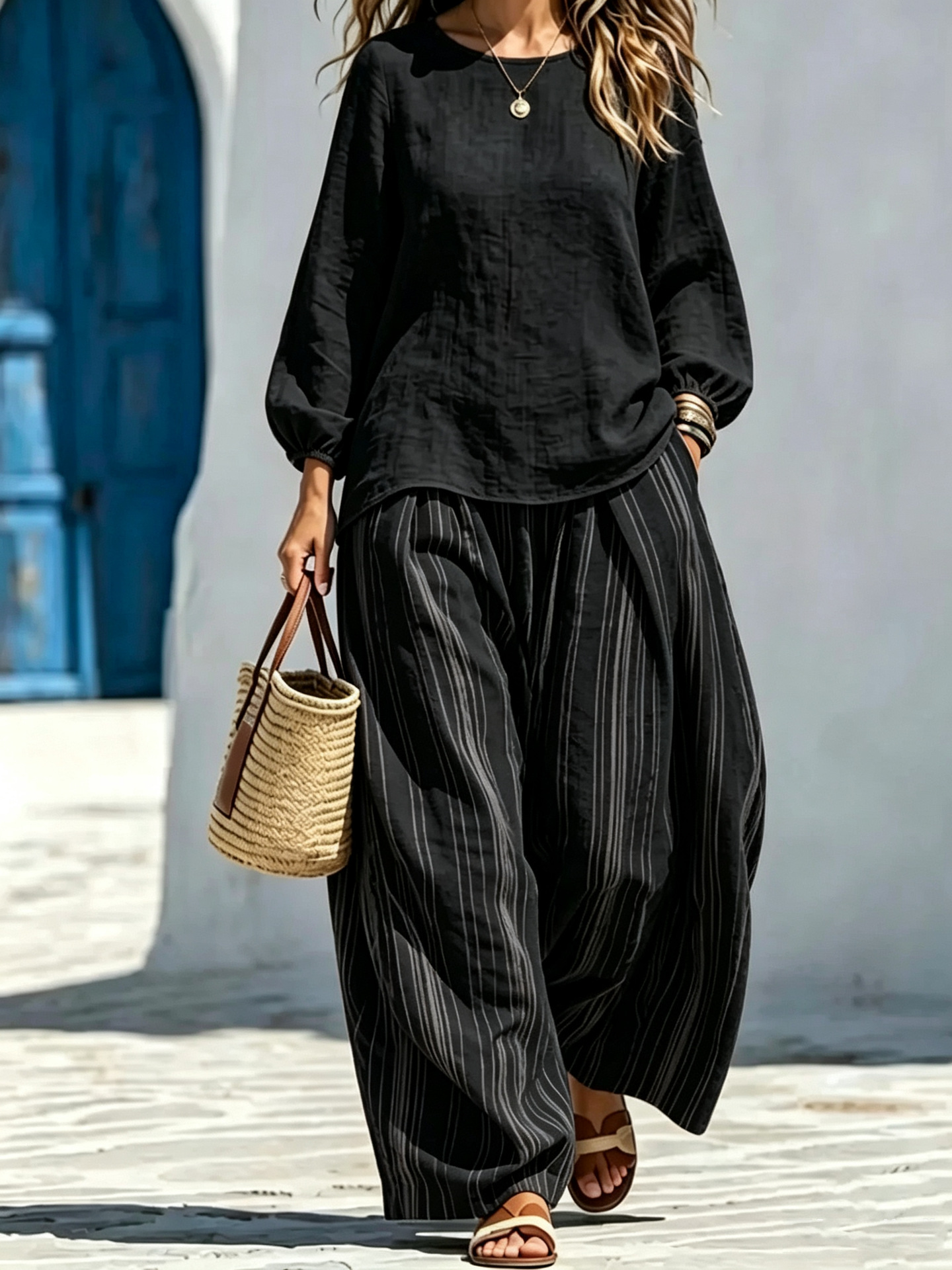 Women's Lantern Sleeve Top and Striped Wide-Leg Pants Set