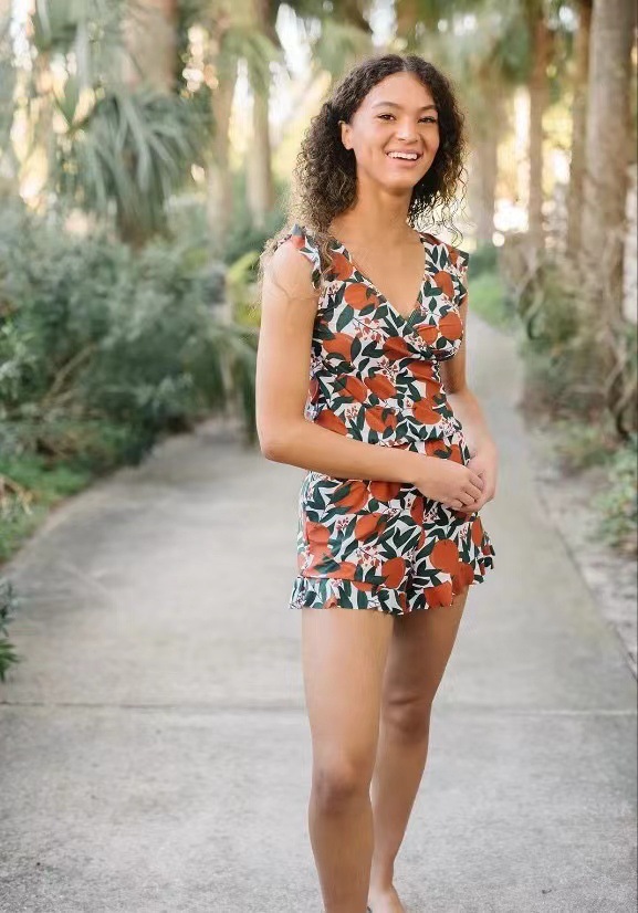 Women's One-Piece Swimsuit with Built-in Bra, Printed Ruffle Sleeve, Boy Short