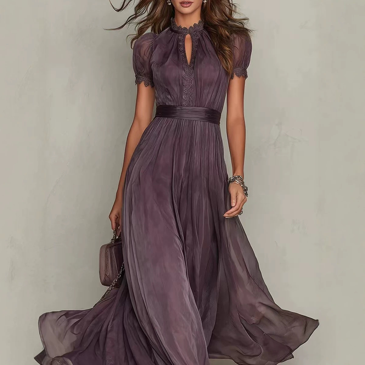 Elegant Lace-Trim Collar Waist-Cinched Midi Dress