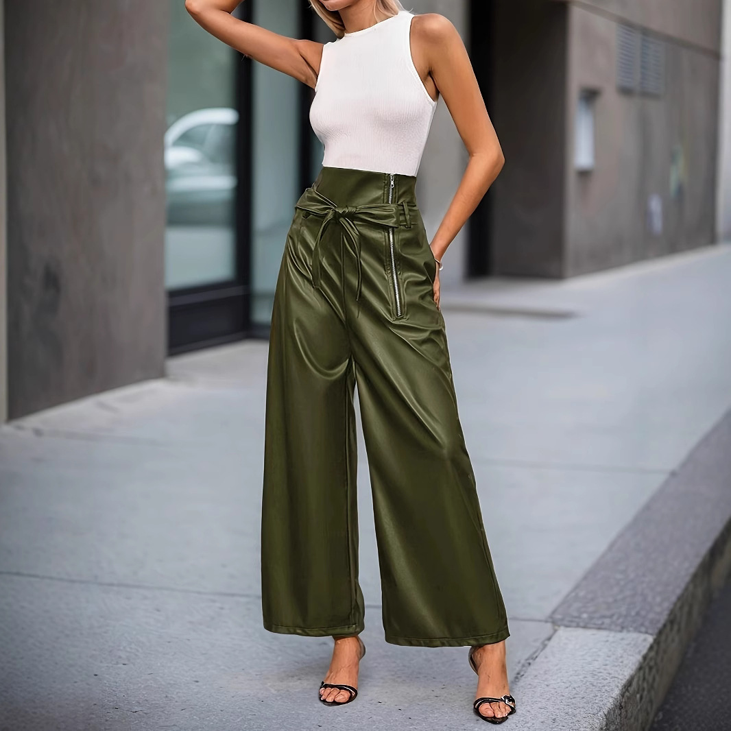 Women's High-Waist Wide-Leg PU Leather Pants with Belt and Zipper