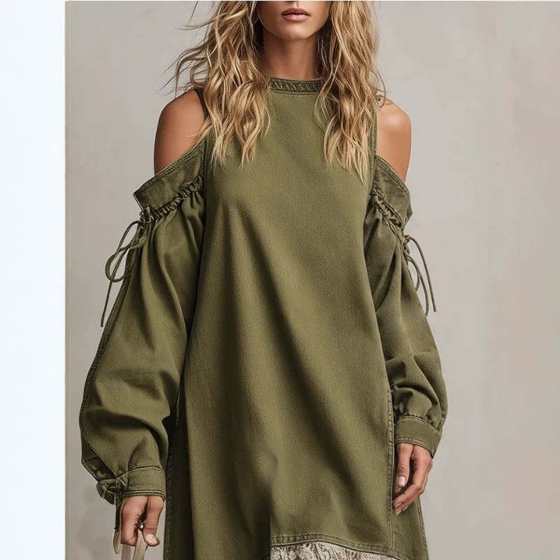 Bohemian Off-Shoulder Lace-Up Denim Dress