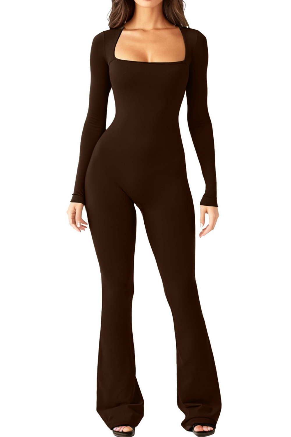 Women's Long Sleeve Square Neck Wide Leg Jumpsuit with Tummy Control and Butt Lifting