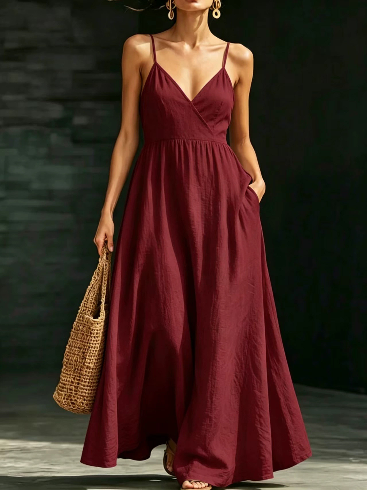 V-Neck Sleeveless Midi Dress with Pockets Elegant Casual