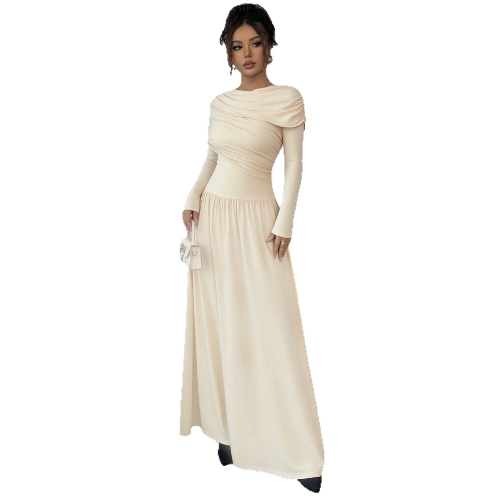 Designer Cape-Sleeve Long Evening Dress with One-Shoulder Neckline