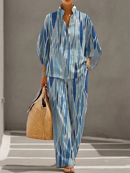 Women's Polka Dot Floral Print Long Sleeve Button-Up Top Set