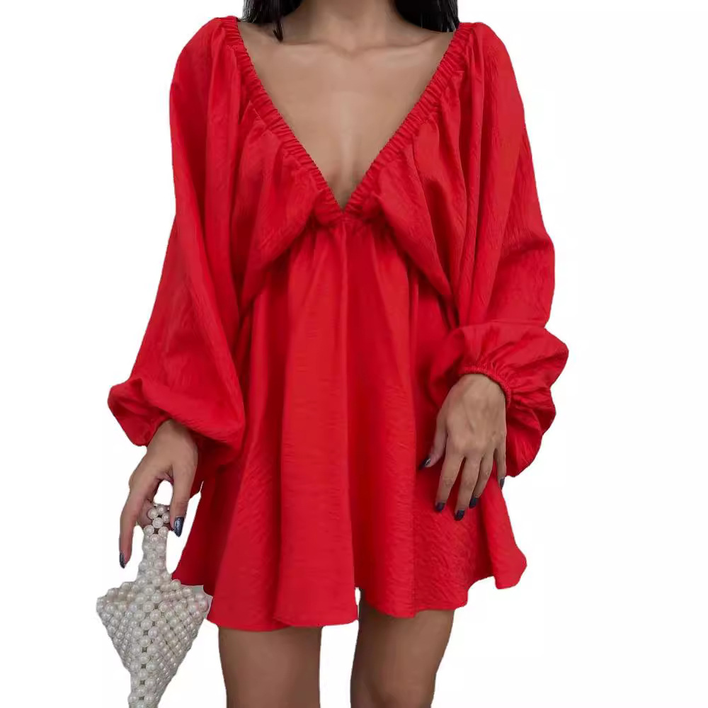 Women's Lantern Sleeve V-Neck Midi Dress French Vintage Style