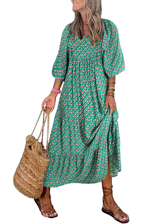 Geometric Print Puff Sleeve Maxi Dress with High Waist and Tie Detail