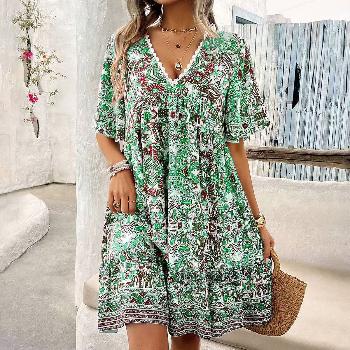 Floral Print Short Sleeve V-Neck Midi Dress with Lace Trim