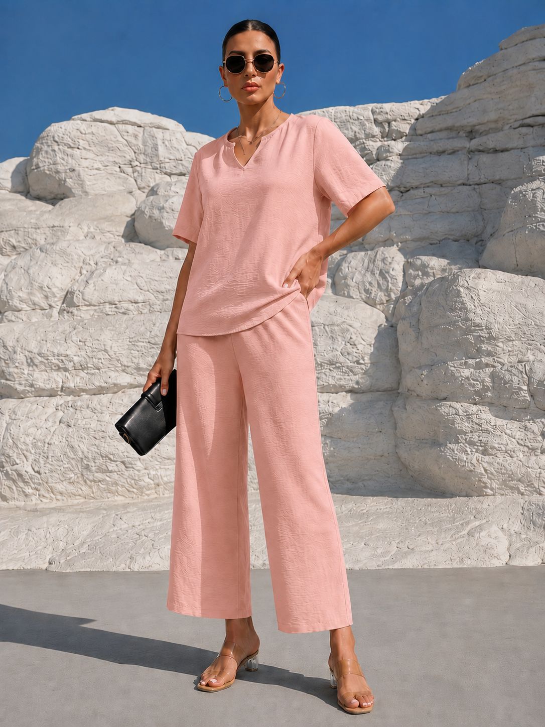 Women's Solid V-Neck Short-Sleeve Top & Wide-Leg Cropped Pants Vacation Set