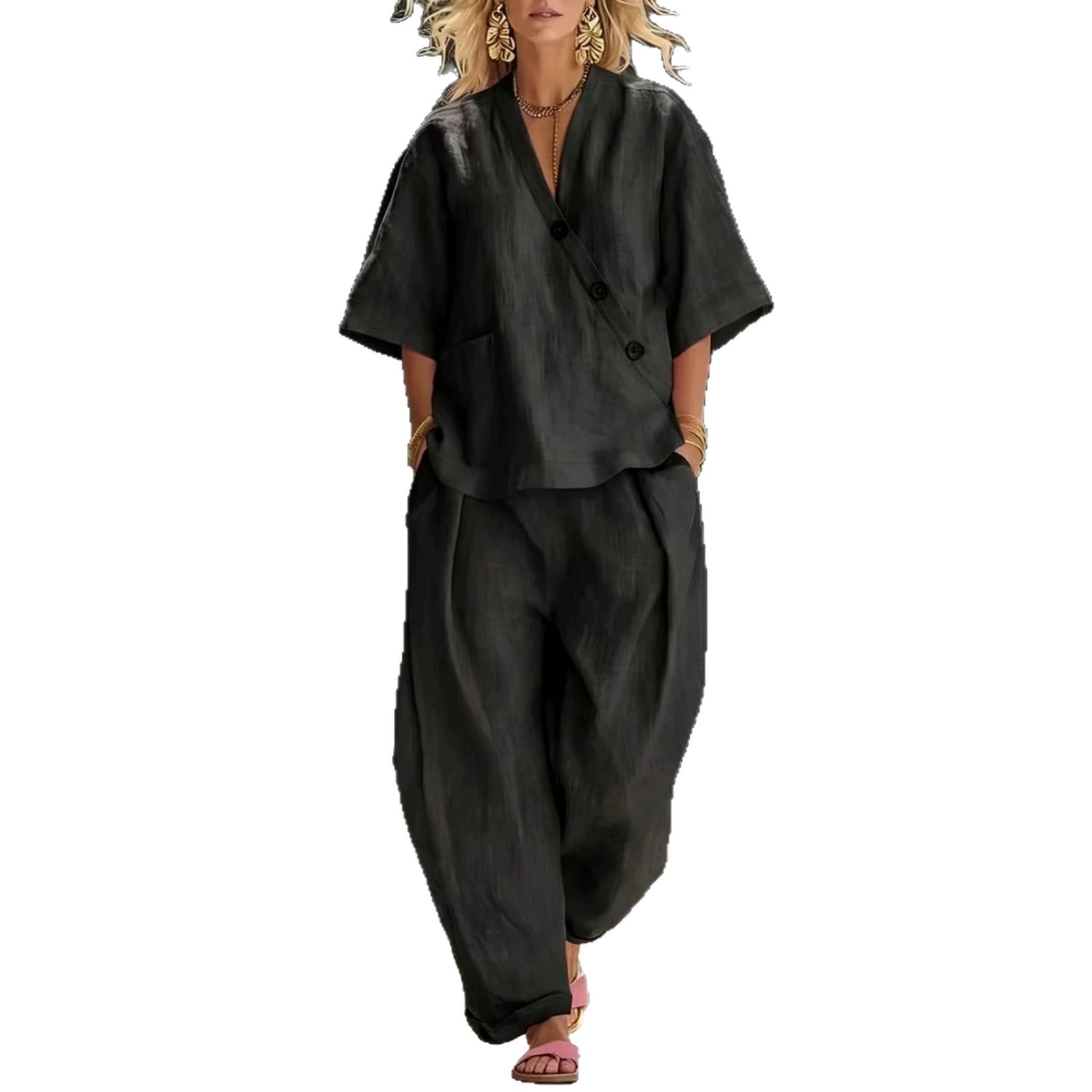V-Neck Short Sleeve Top and High-Waist Pants Two-Piece Set