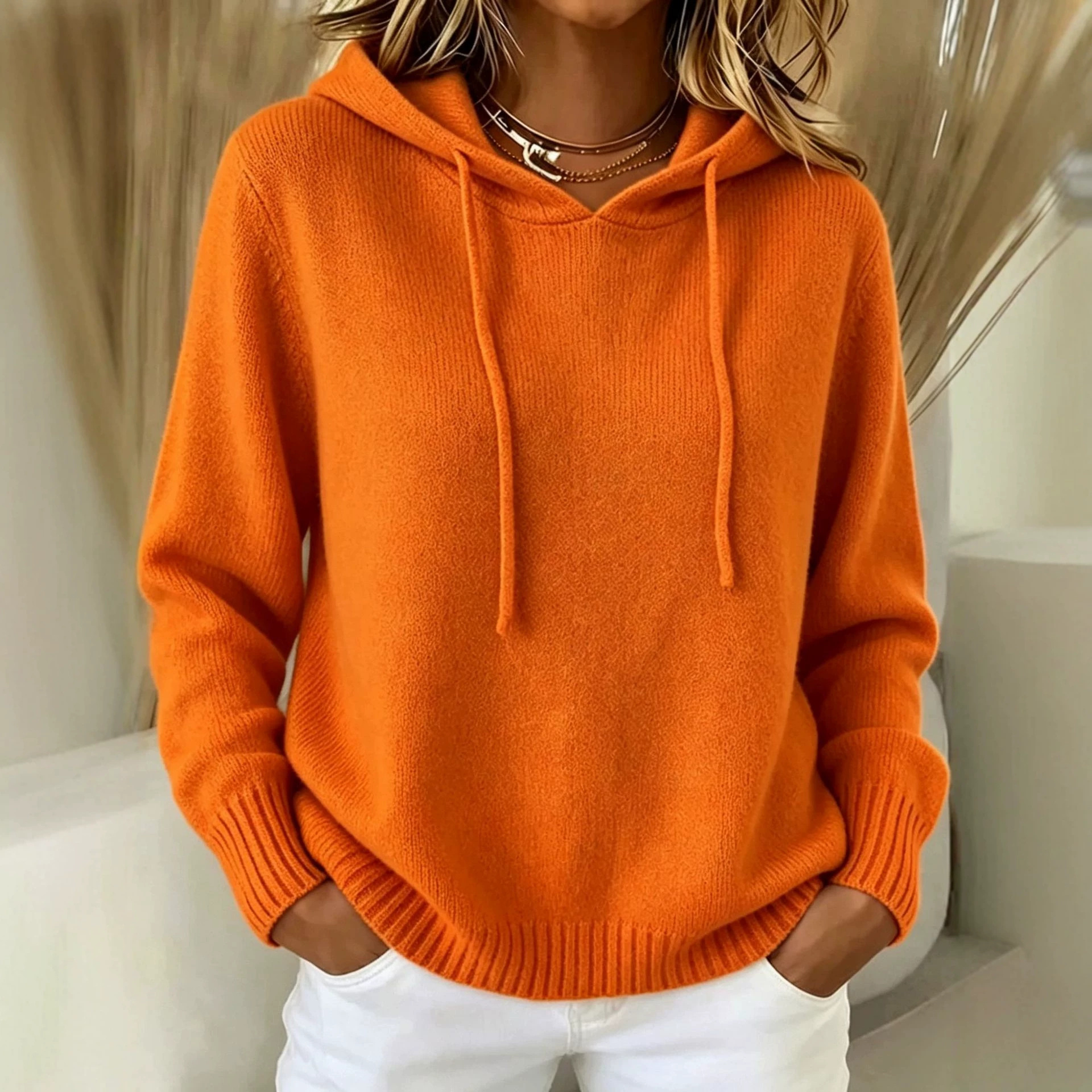 Women's Knit Hooded Pullover Sweater with Pockets Solid Color Casual