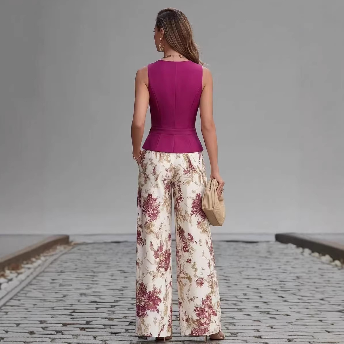 Elegant Button Vest Top and Wide-Leg Pants Two-Piece Set