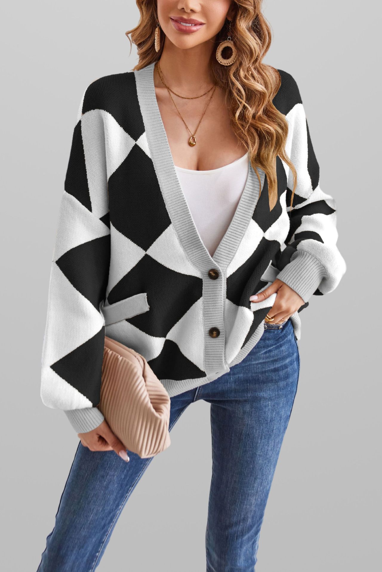 V-Neck Argyle Color-Block Loose Knit Cardigan