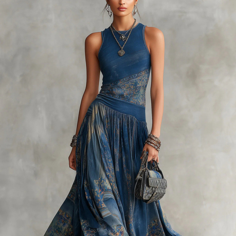 Digital Print Sleeveless Maxi Dress with Flared A-Line Skirt and Round Neck