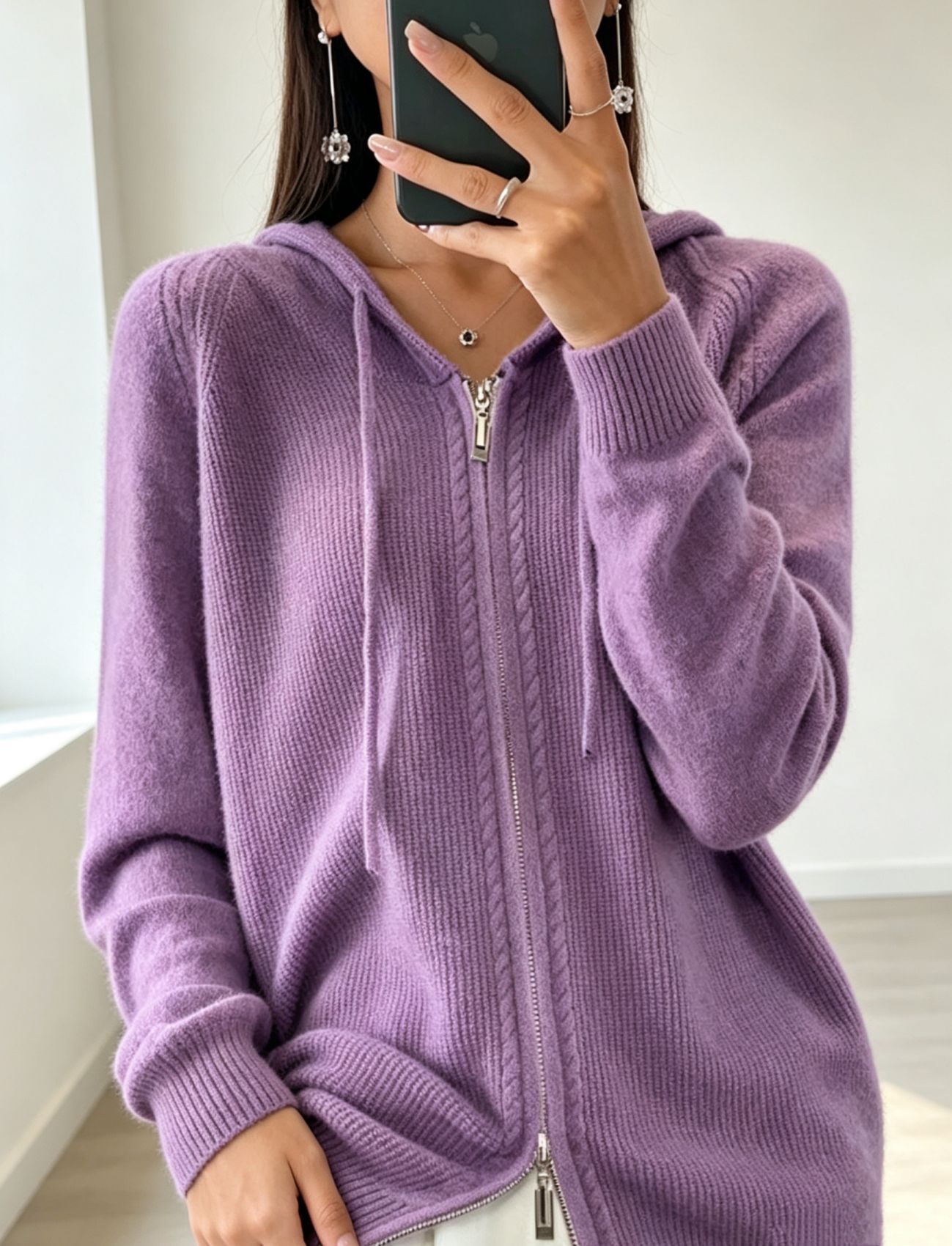 Women's Solid Hooded Faux Wool Cardigan Zip-Up Knit Sweater
