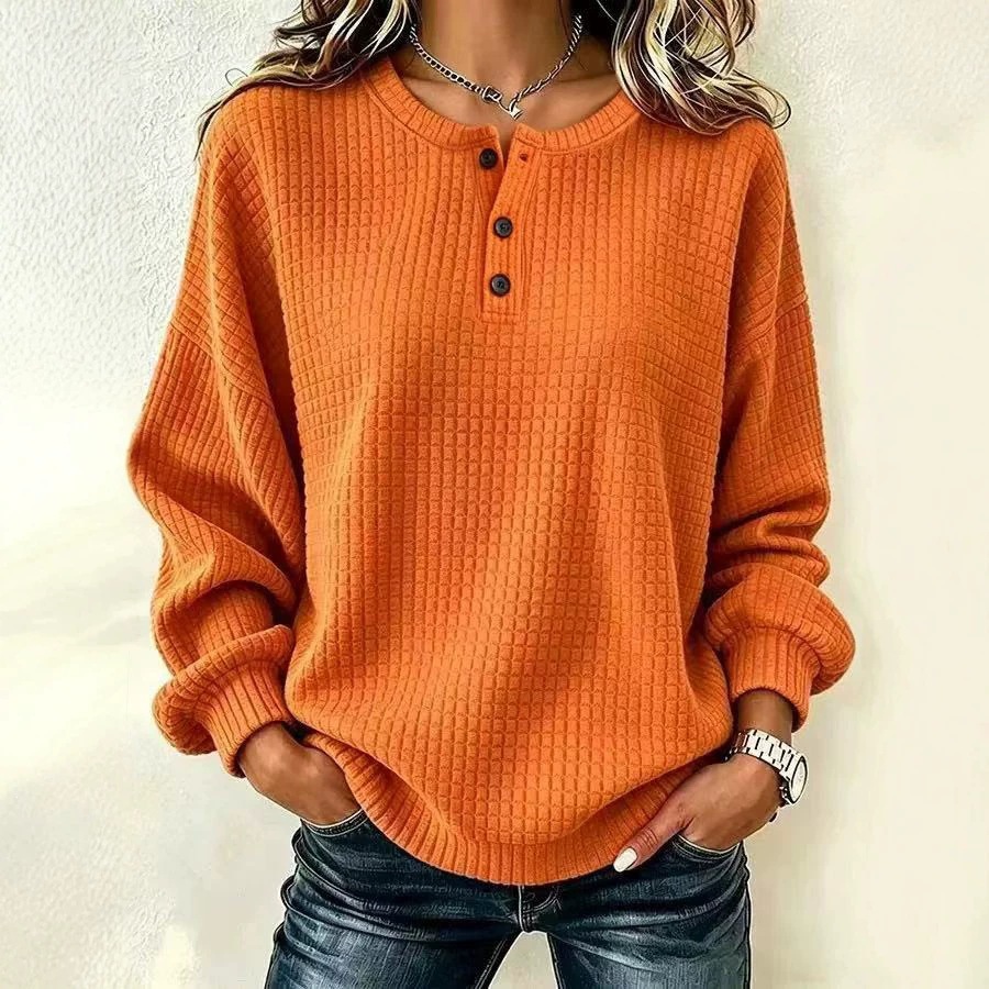 Women's Plaid Crewneck Button Long-Sleeve Sweatshirt