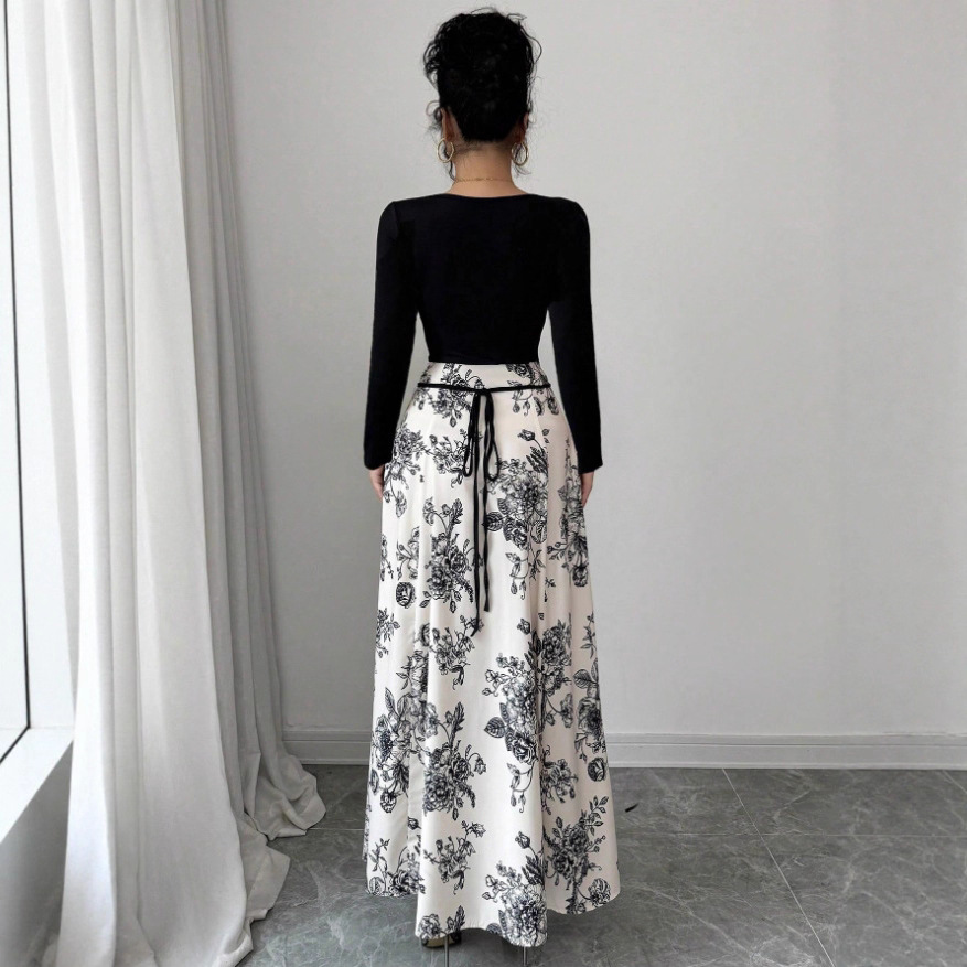 Floral Square Neck Tie-Waist Long Sleeve Midi Dress