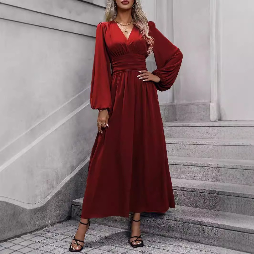 Women's Lantern Sleeve Ruched High Slit Dress