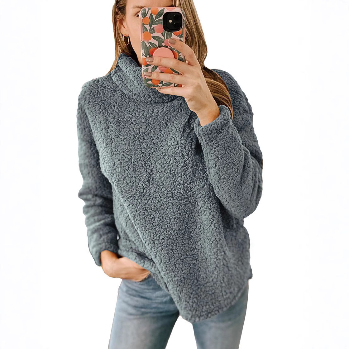Women's Fuzzy High-Neck Pullover Sweatshirt Solid Color Plush Top