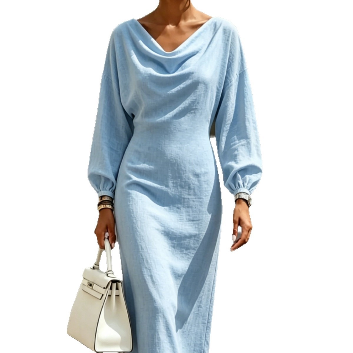 Women's Cowl Neck Lantern Sleeve Midi Dress High Waist Slimming A-Line