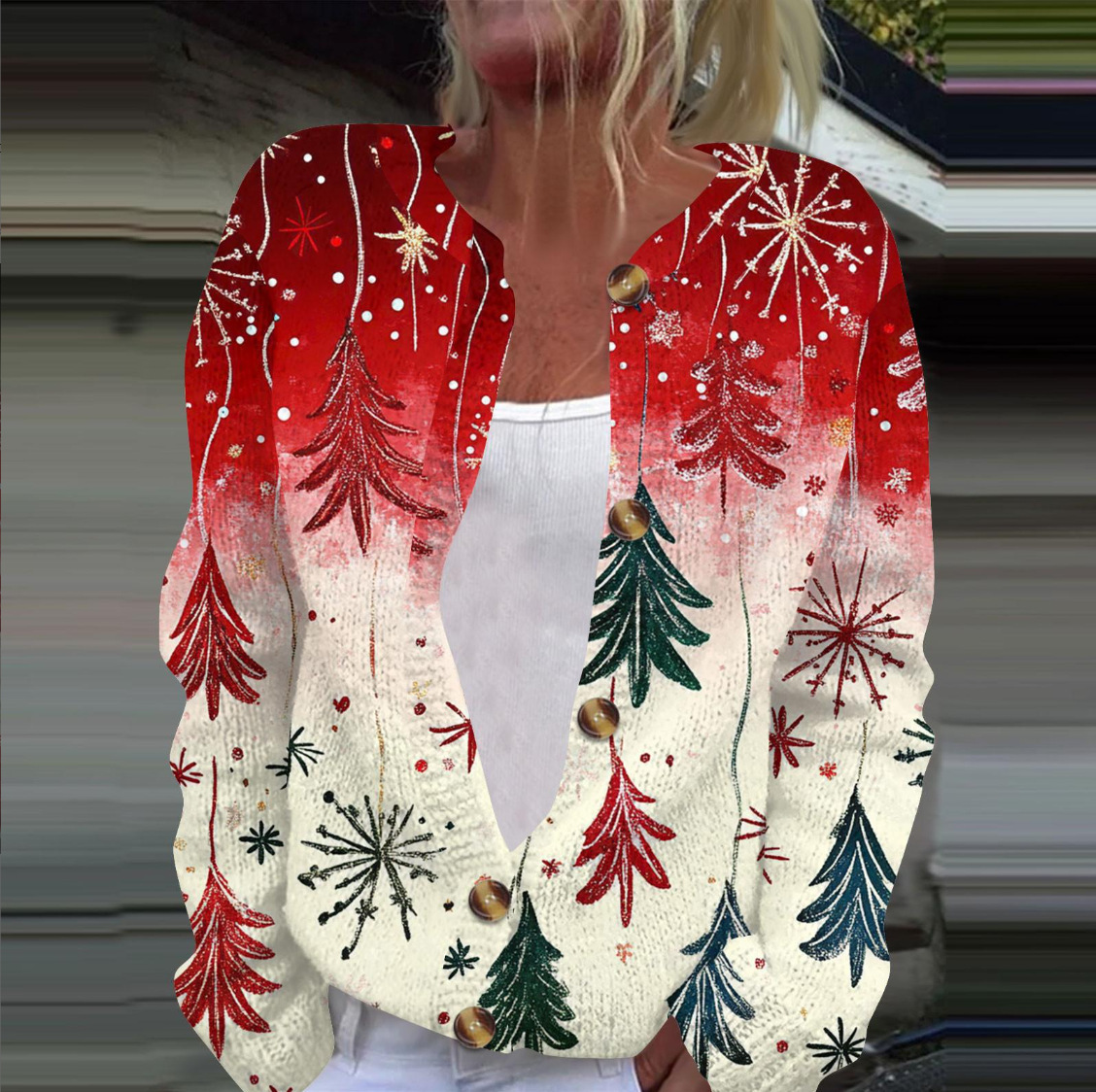 Women's Christmas Snowflake Reindeer Print Button Cardigan Sweater