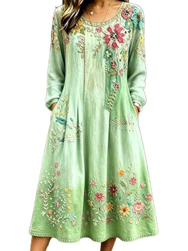 Women's Bohemian Floral Print Pleated Long Sleeve Midi Dress