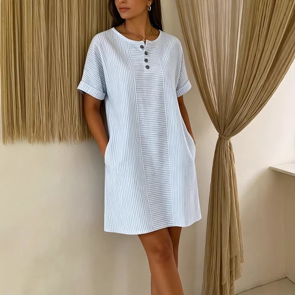 Women's Button Round Neck Loose Pocket Casual Midi Dress