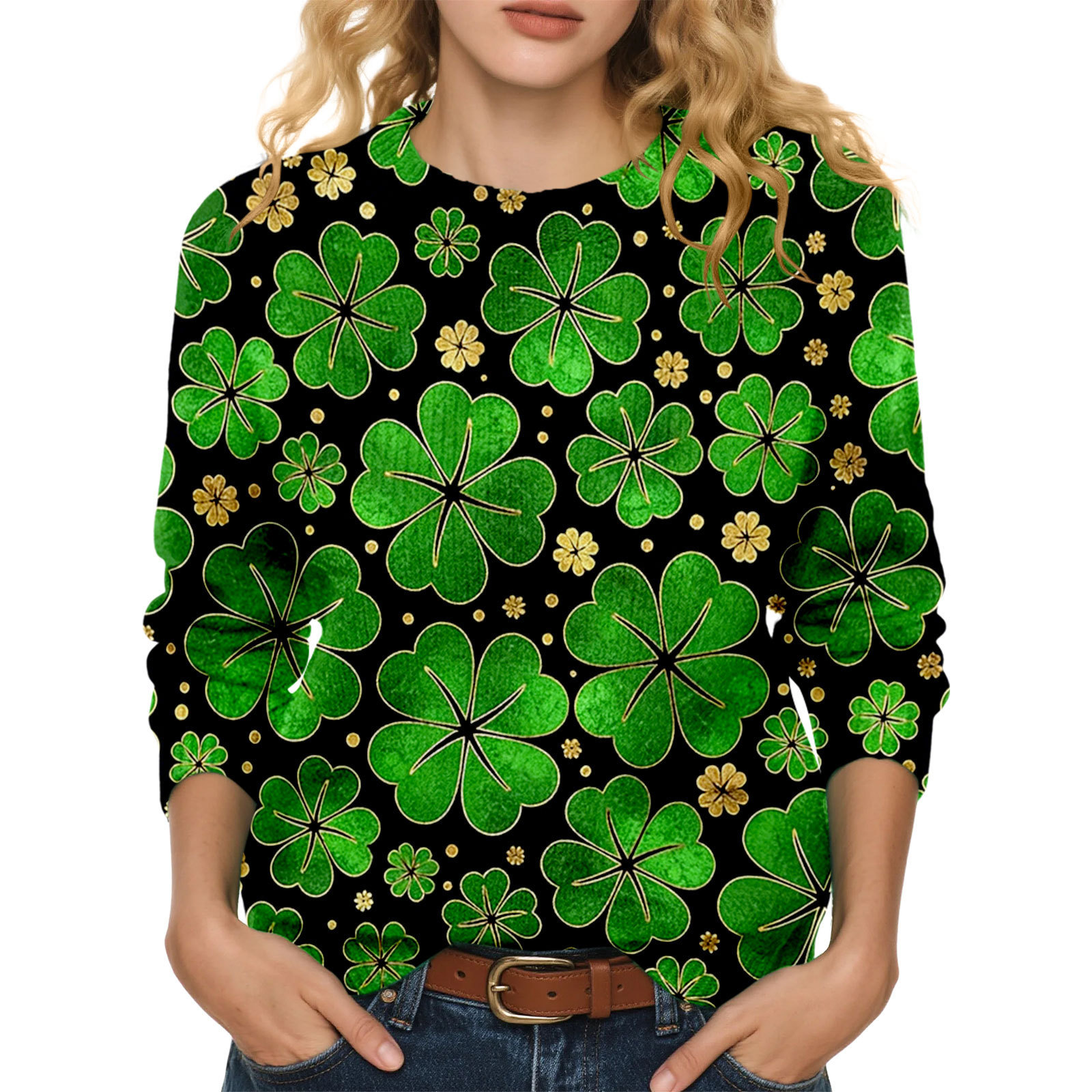 Lucky Clover Print Crewneck Sweatshirt for Women Casual Pullover