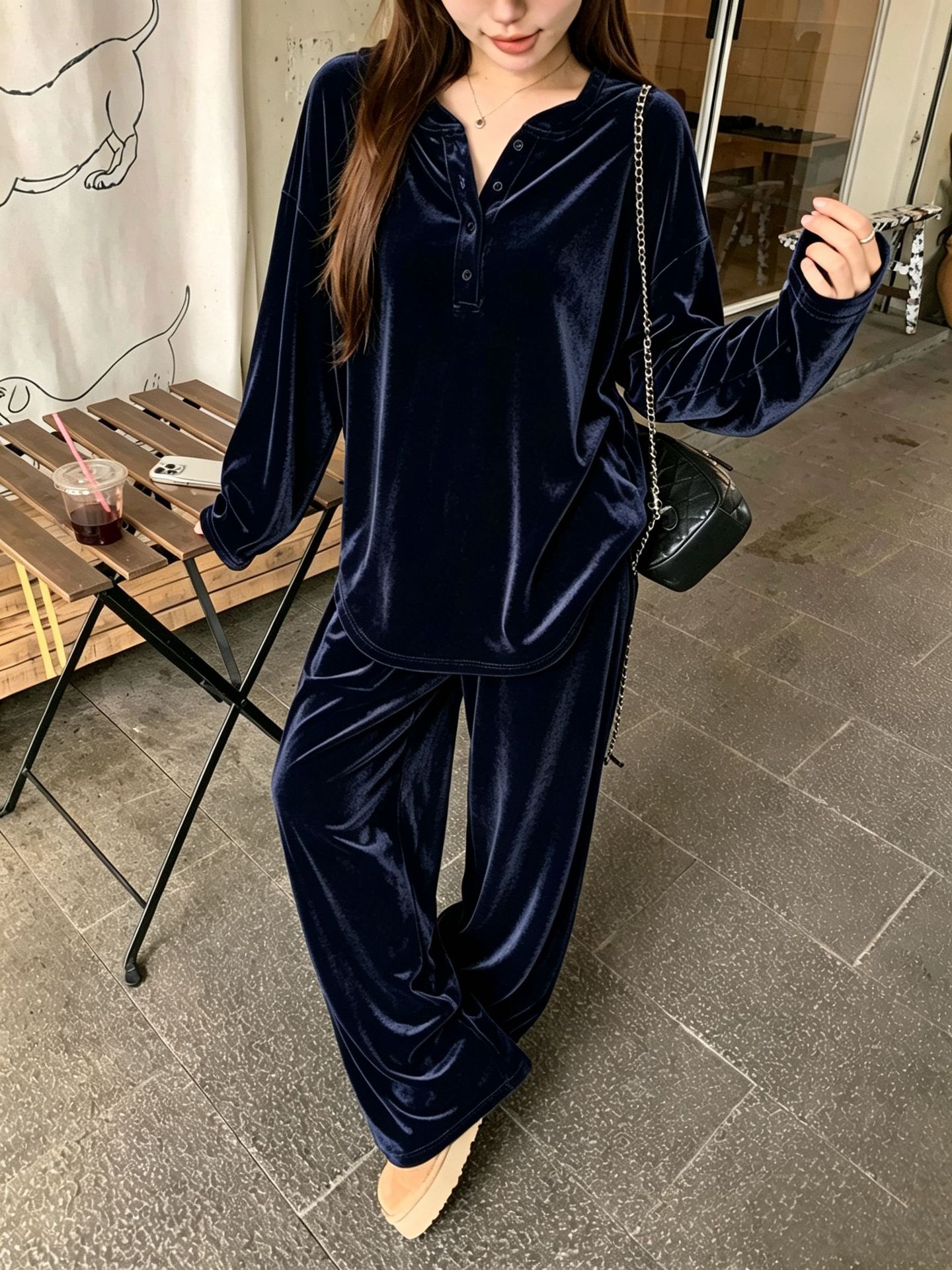 Solid Button Drawstring Loose Long-Sleeve Women's Pants Set