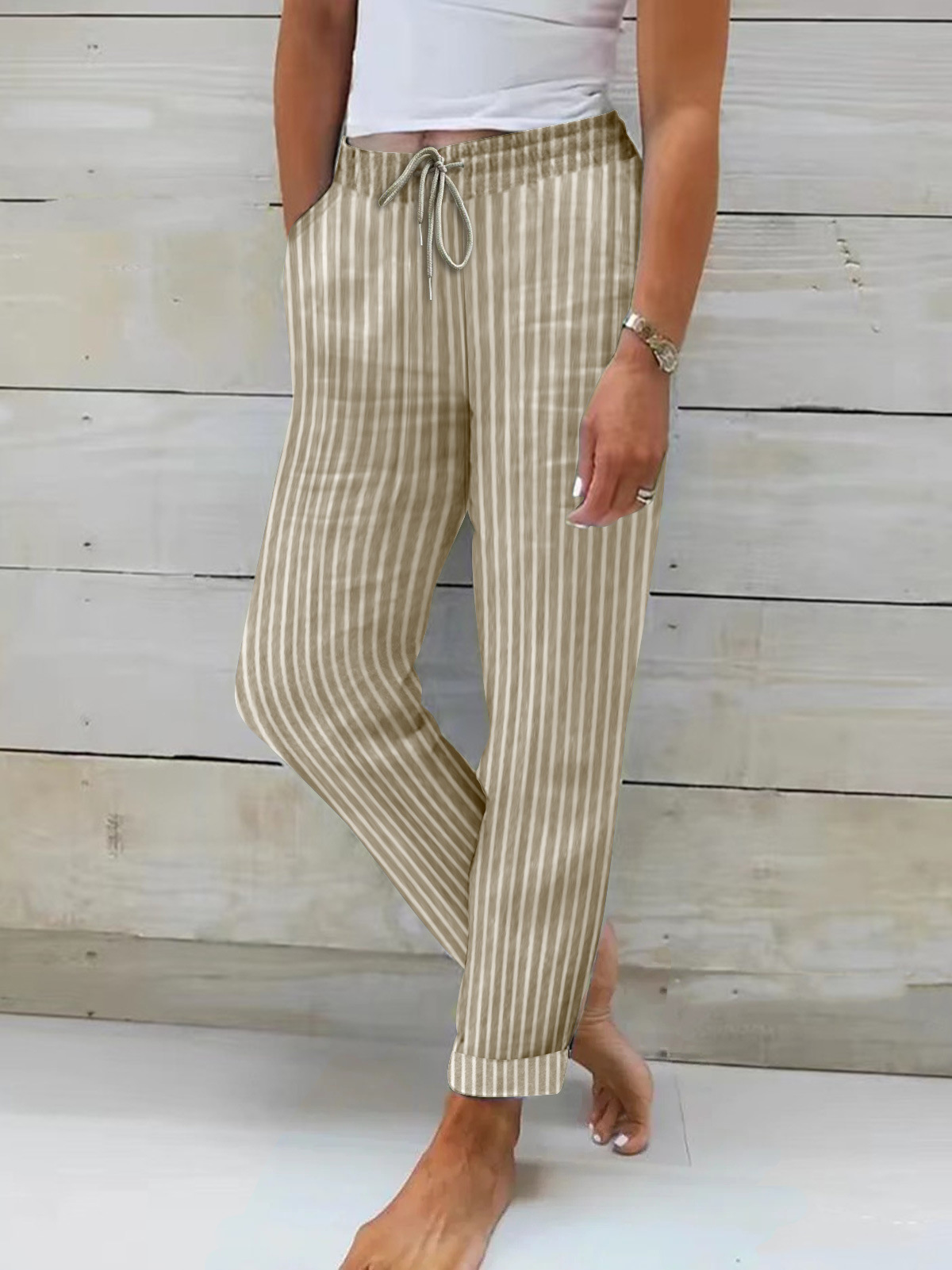 Women's Striped & Solid Cotton-Linen Loose Casual Pants