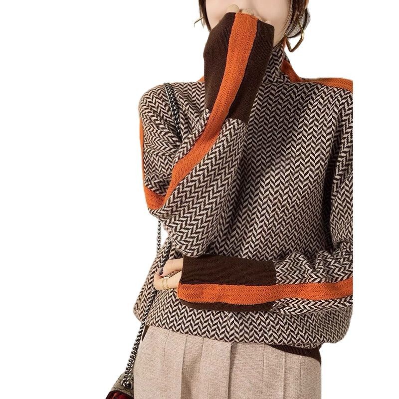 Women's Cozy High-Neck Color-Block Faux Wool Knit Sweater