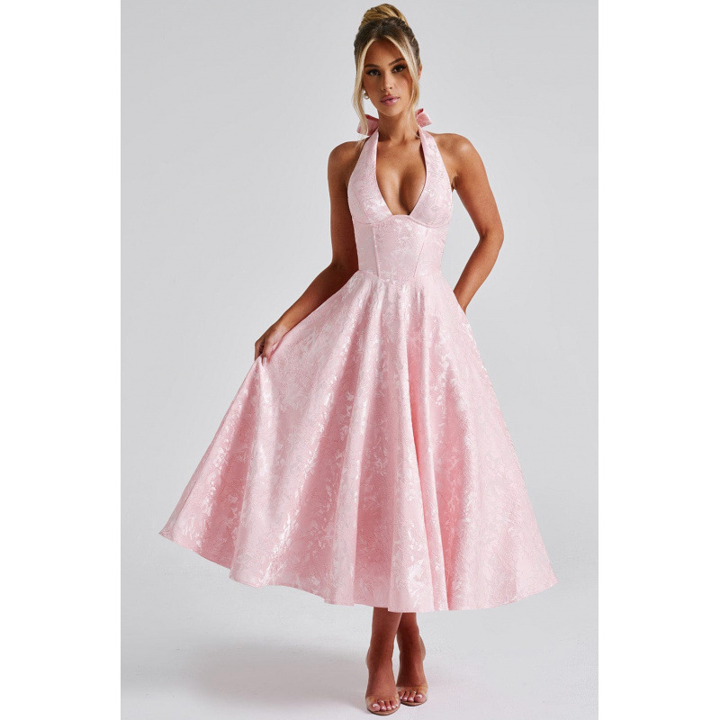 V-Neck Halter Jacquard Evening Dress Sleeveless Open-Back A-Line Long Gown
