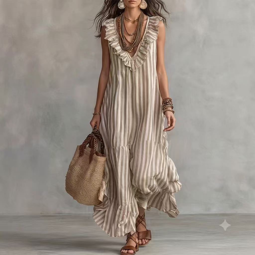 Striped Ruffle V-Neck Sleeveless Maxi Dress