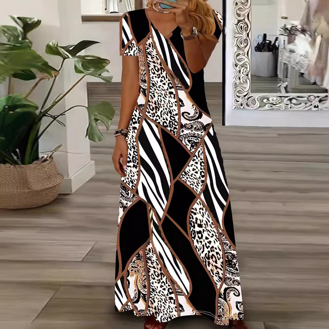 Leopard Zebra Print Patchwork V-Neck Short Sleeve Long Dress