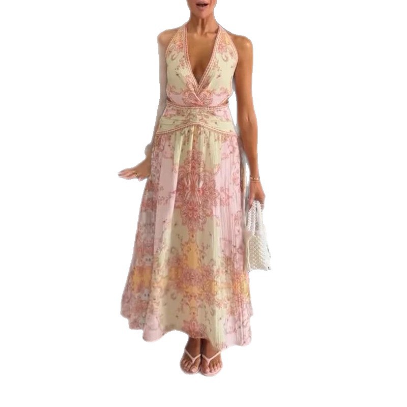 Women's Printed V-Neck Halter A-Line Long Dress