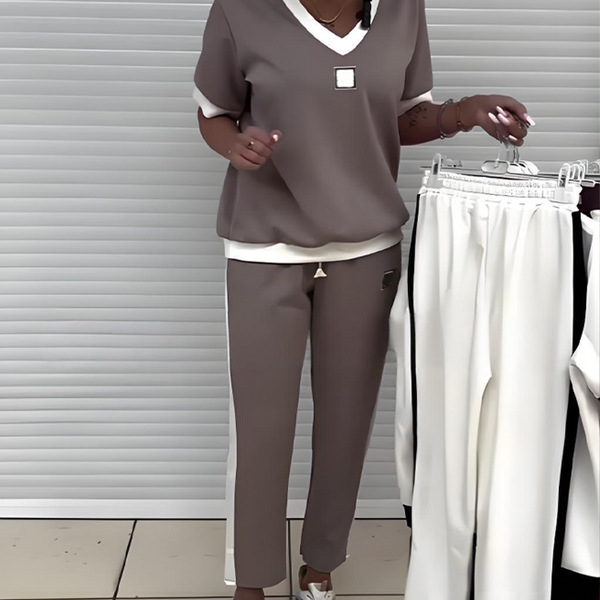 Women's V-Neck Short Sleeve Colorblock Top and Pants Sport Set
