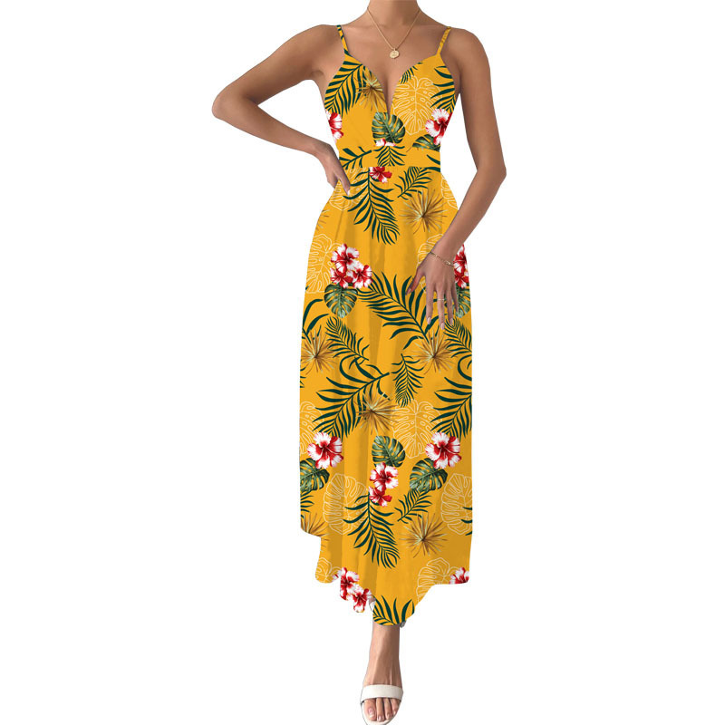 Women's Summer Printed V-Neck Sleeveless Midi Dress with Cinched Waist