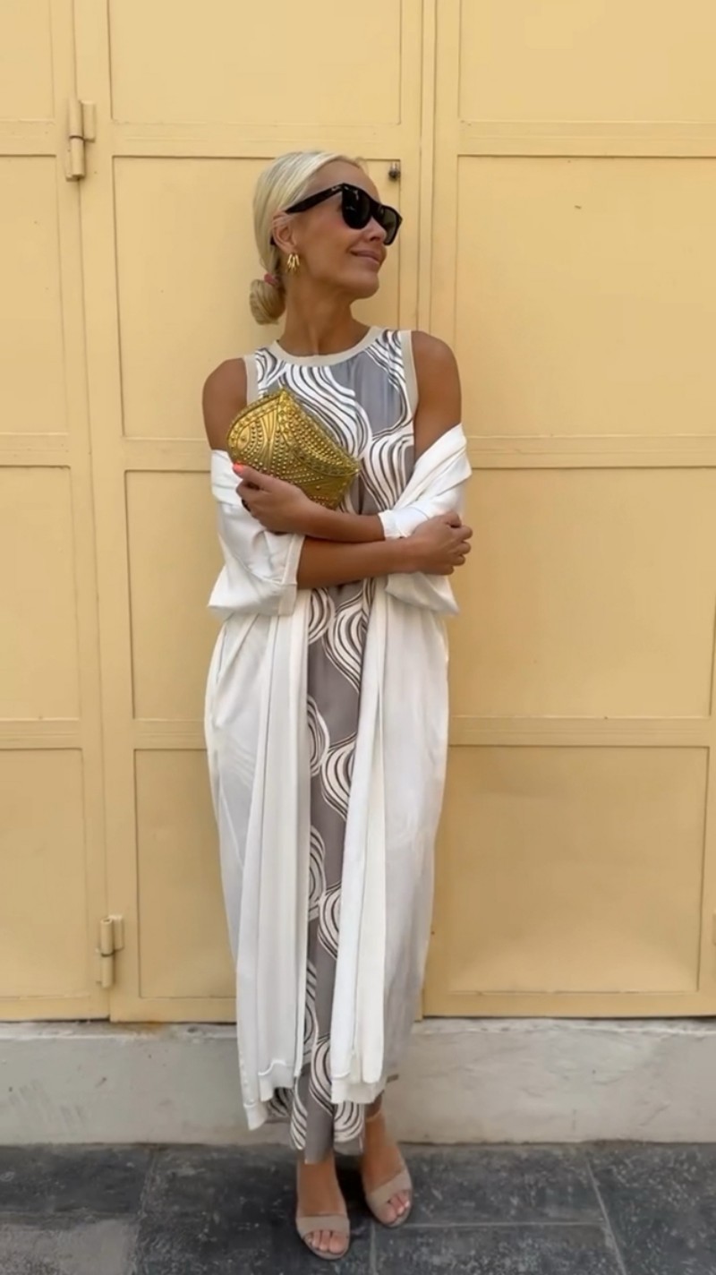 Elegant Two-Piece Midi Dress Set with Cape, Round Neck Tank, A-Line