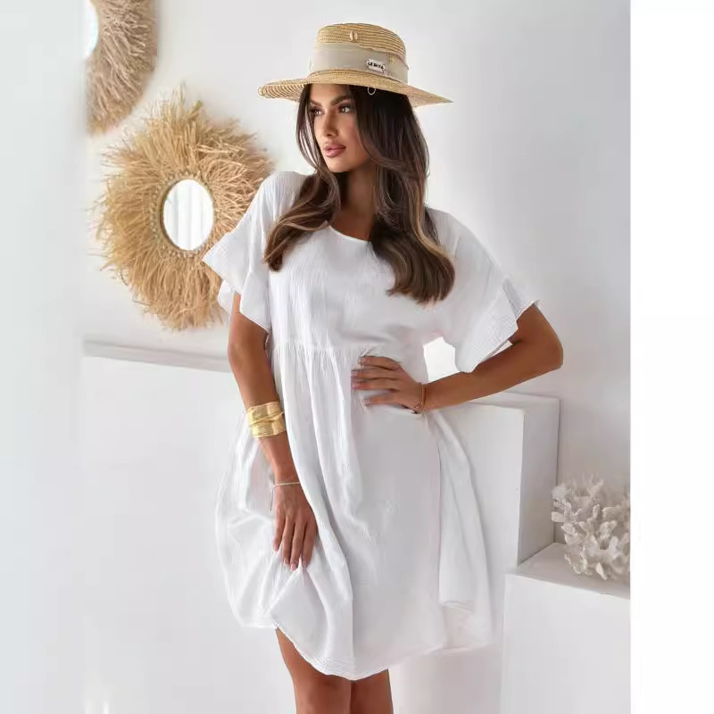 Women's Crewneck Short Sleeve Solid Pleated Loose Dress