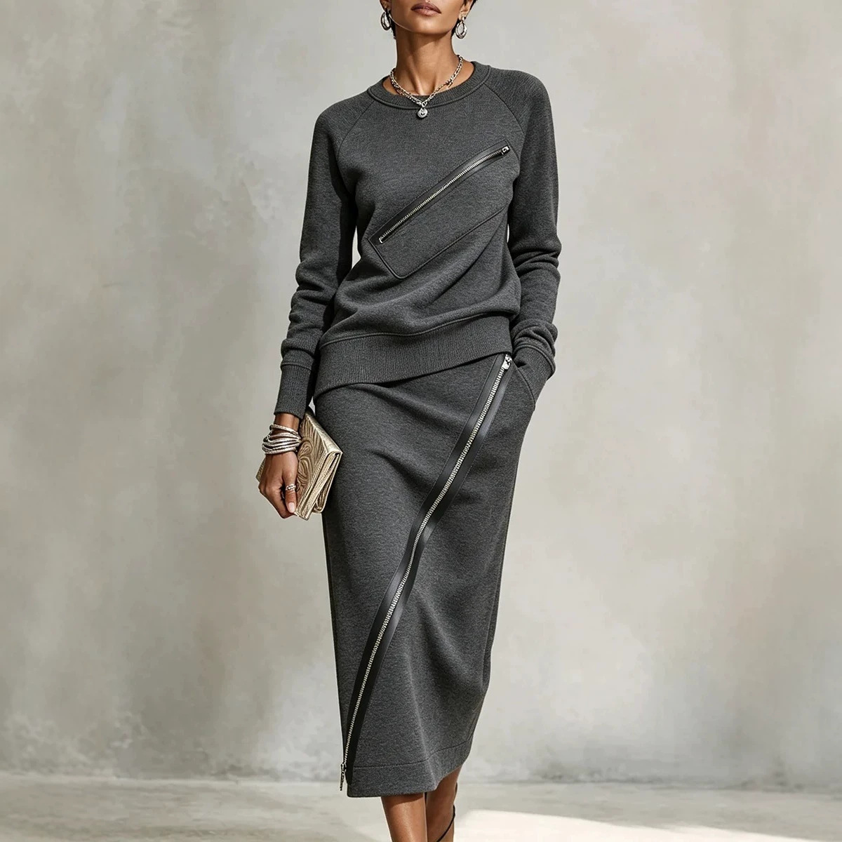 Women's Solid Color Zip Skirt and T-Shirt Two-Piece Set