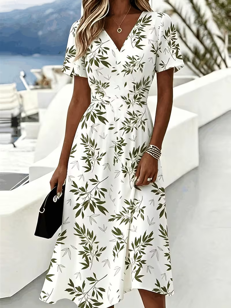 Women's Floral Leaf Print Casual Midi Dress with Deep V-Neck and Short Sleeves
