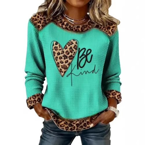 Women's Heart Leopard Print English Waffle Graphic Sweatshirt