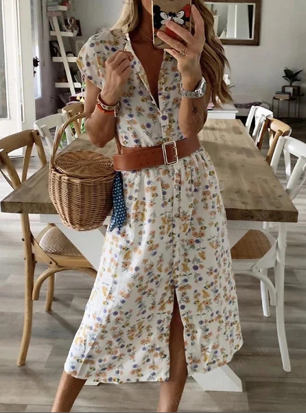 Floral Print Split Midi Dress with Belt