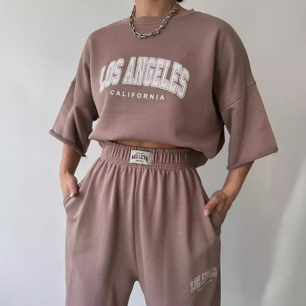 Women's Casual Print Short Sleeve Sweatshirt and Pants Two-Piece Set