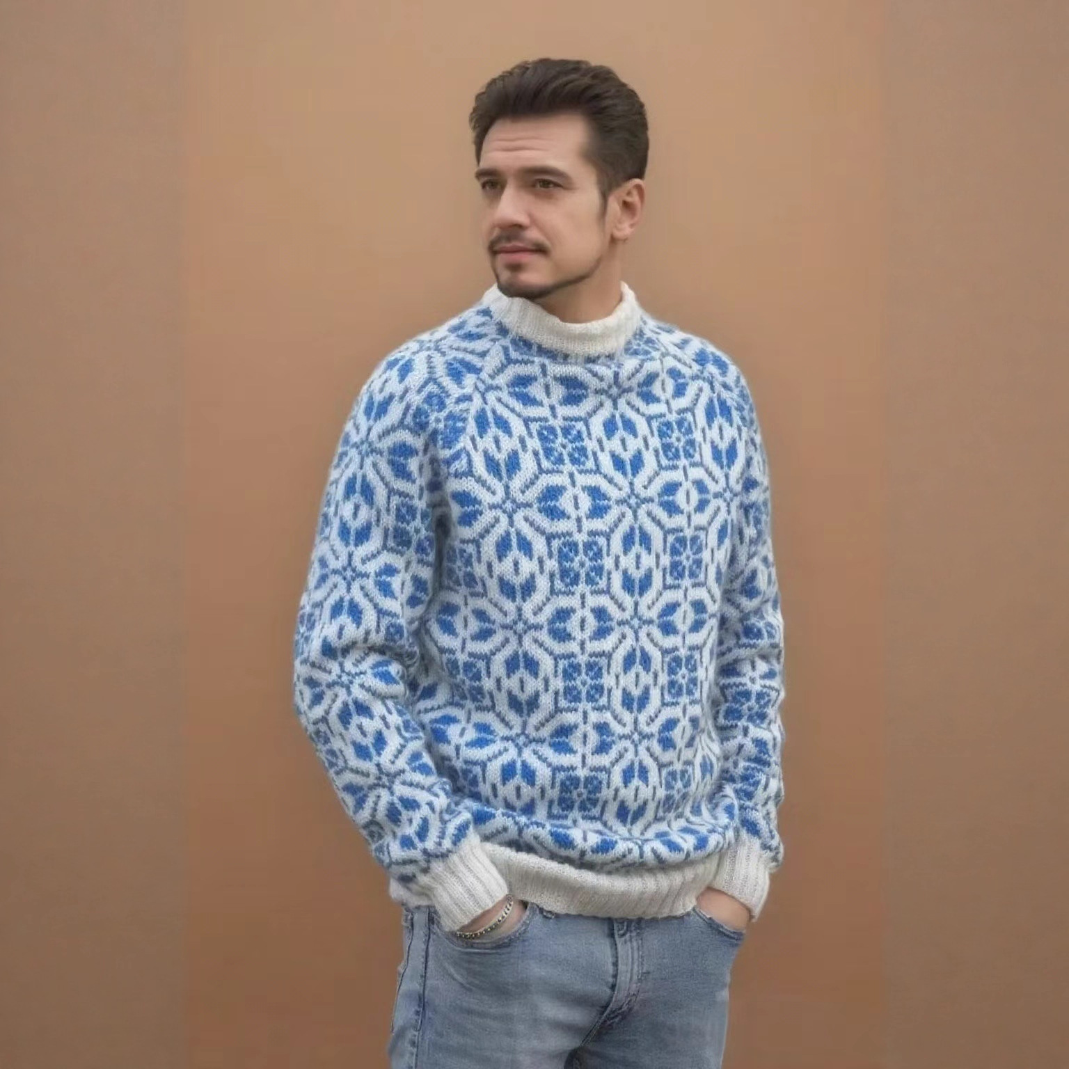 Retro Floral Jacquard Crewneck Pullover Sweater