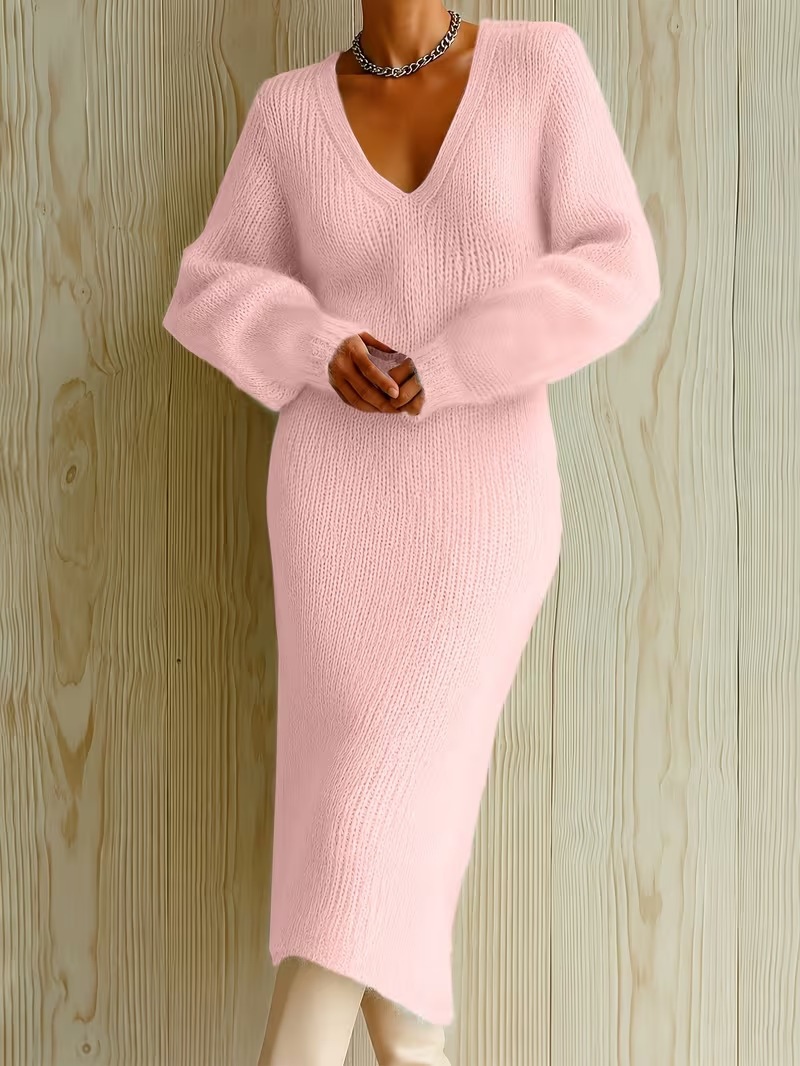 Women's Fuzzy V-Neck Bubble Sleeve Long Dress