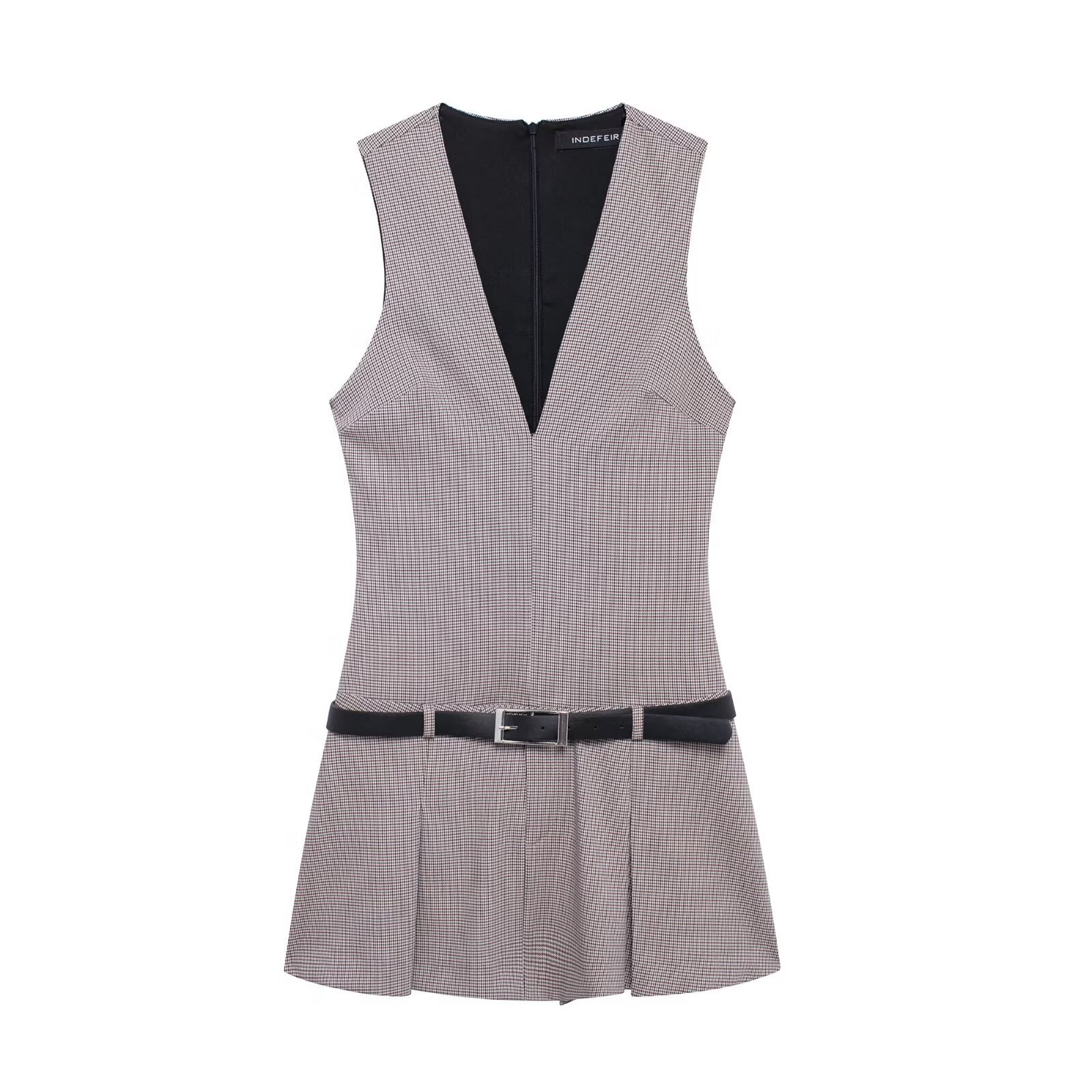 Women's Belted Pleated Midi Dress with V-Neck, Sleeveless, Polyester, Khaki/Red