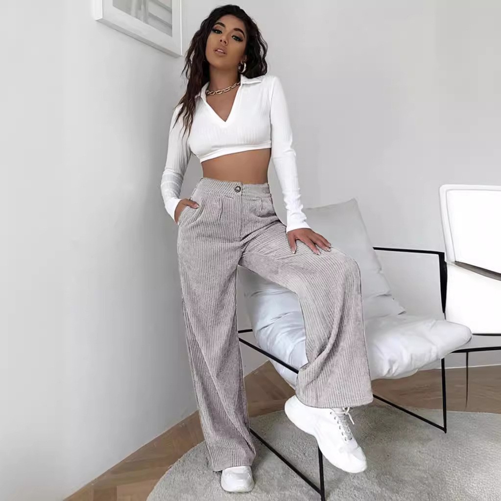 Women's High-Waist Corduroy Straight-Leg Pants Solid Color Casual Trousers