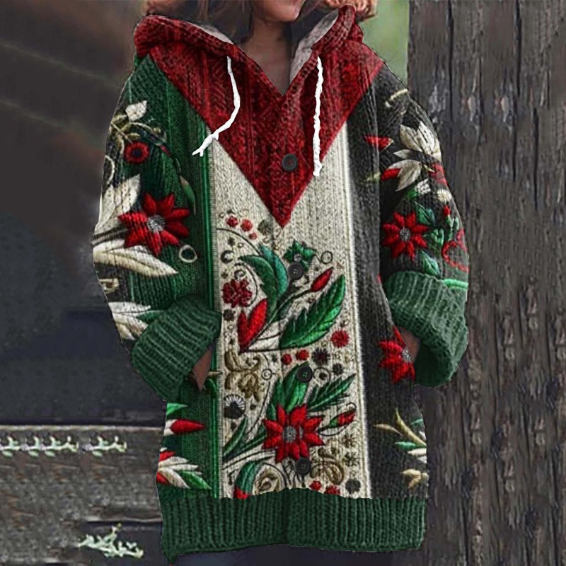 Women's Floral Leaf Print Hooded Button Cardigan Sweater